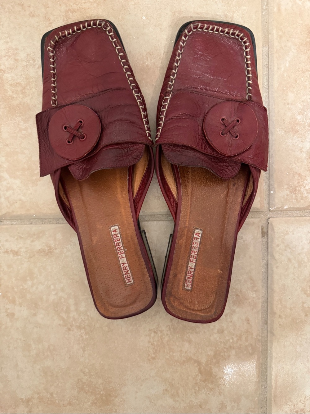 Henry Ferrera Burgundy Leather Slip-On Mules with Button Accent